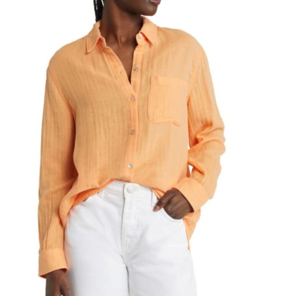 Rails Ellis Cotton Gauze Shirt Papaya Long Sleeve Button-Up Womens XL
